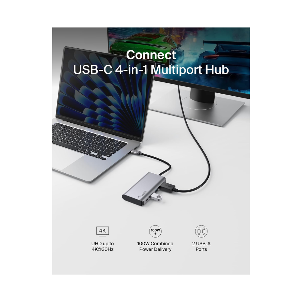 Belkin CONNECT USB C 4 in 1 Multiport Adapter. 2 x USB A 3.0 (5Gpbs) 1 x HDMI 4k 1xUSB C 100w PD Mac and Windows compatible AVC006btSGY - Image 6