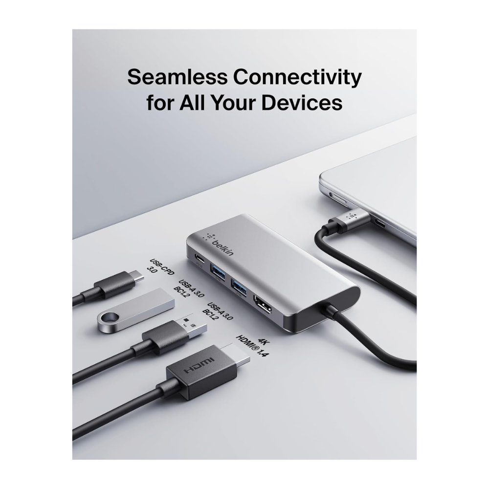 Belkin CONNECT USB C 4 in 1 Multiport Adapter. 2 x USB A 3.0 (5Gpbs) 1 x HDMI 4k 1xUSB C 100w PD Mac and Windows compatible AVC006btSGY - Image 4