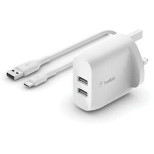 Belkin Boost Charge Dual USB A Wall Charger 24W + USB A To USB C 1M Cable White