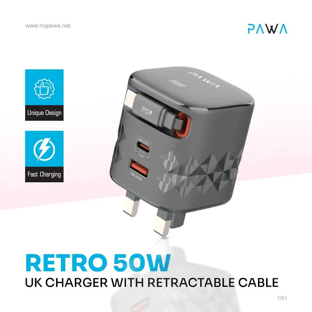 PAWA RETRRO 50W WITH 60CM USB C CABLE PD POWER ADAPTER - Image 4