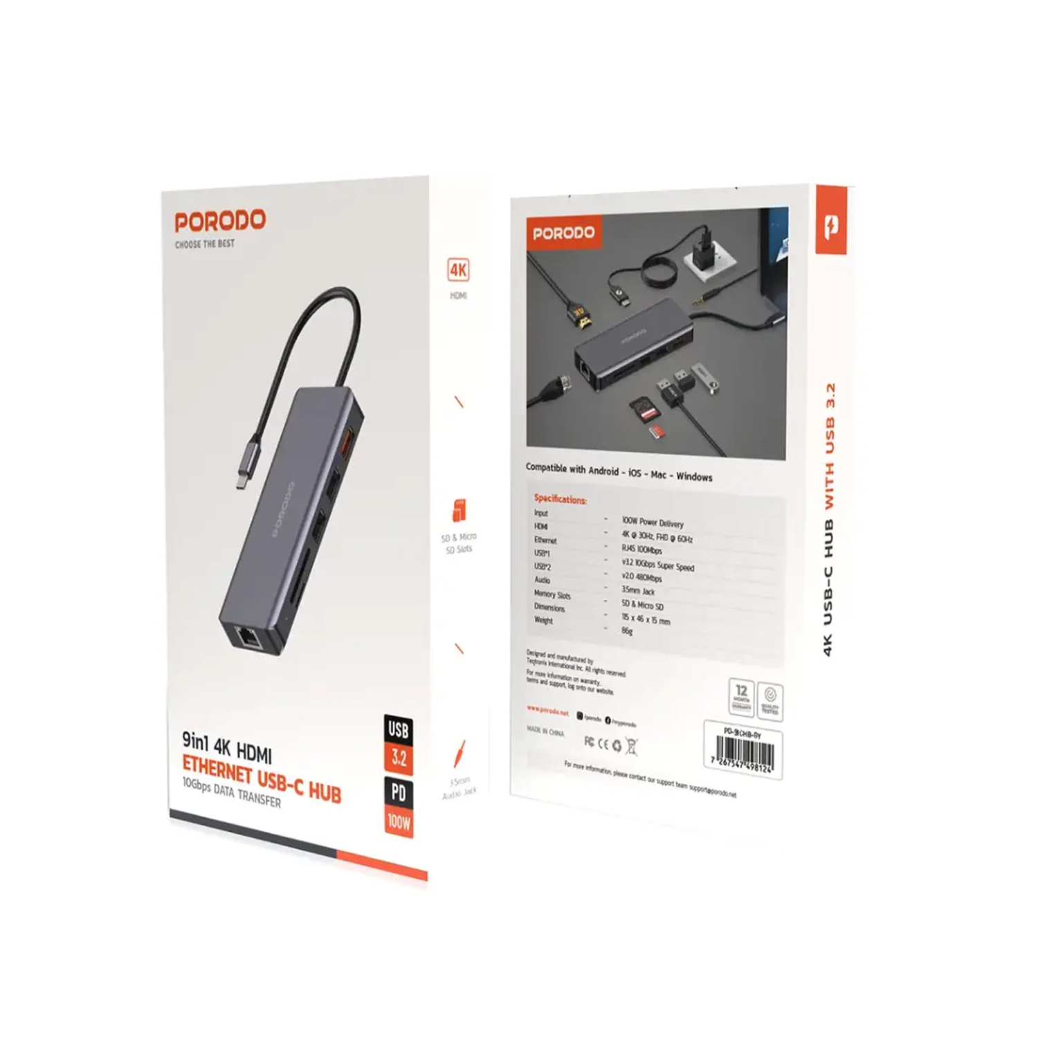 PORODO 9 IN 1 4K HDMI ETHERNET USB C 10GBPS ADAPTER - Image 3