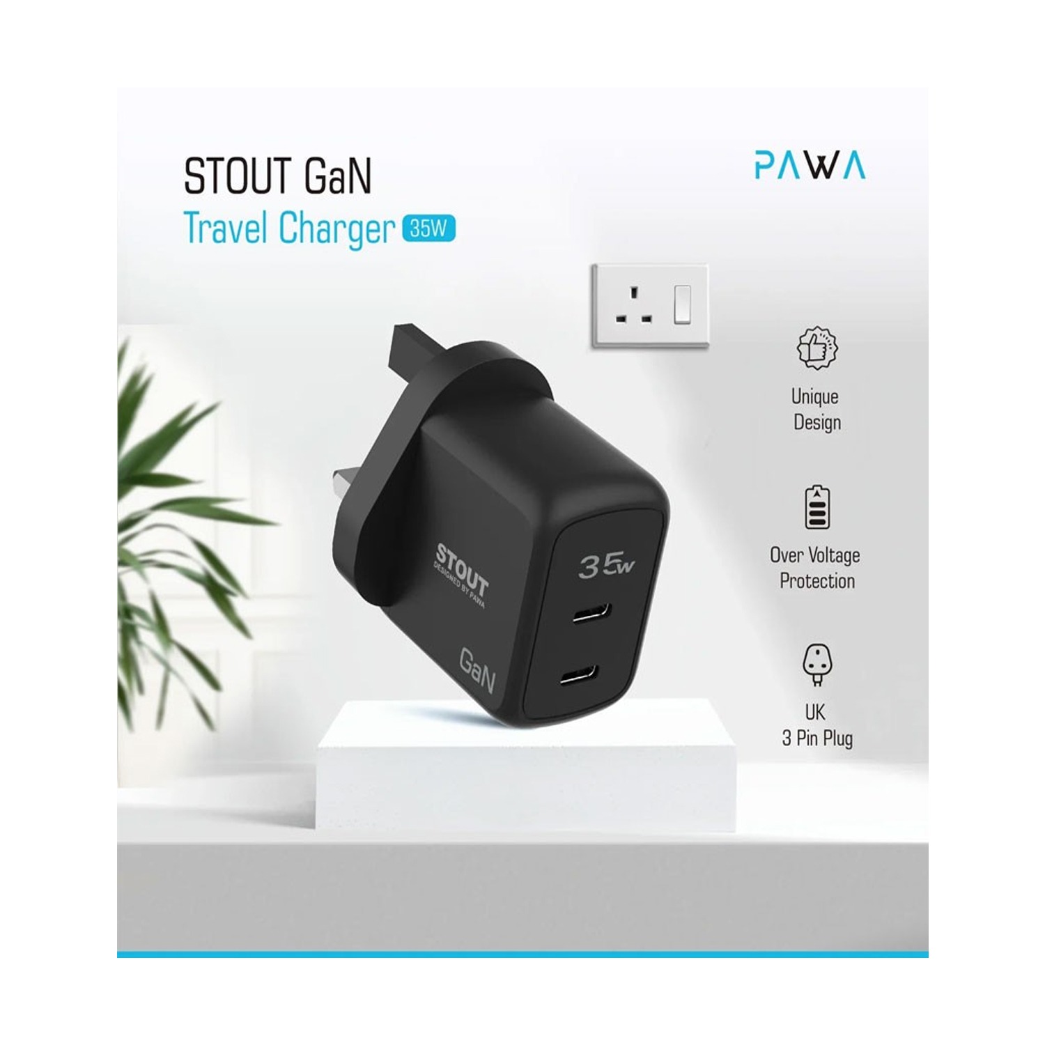 Pawa Stout Gan Travel Charger With Dual PD Port 35w Type C to C Black - Image 4