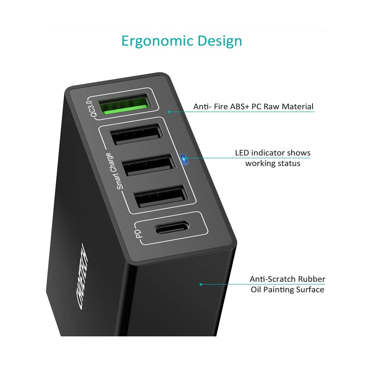 CHOETECH 5 Ports 60W Fast Power Delivery Quick Charger Q3-4U2Q - Image 3