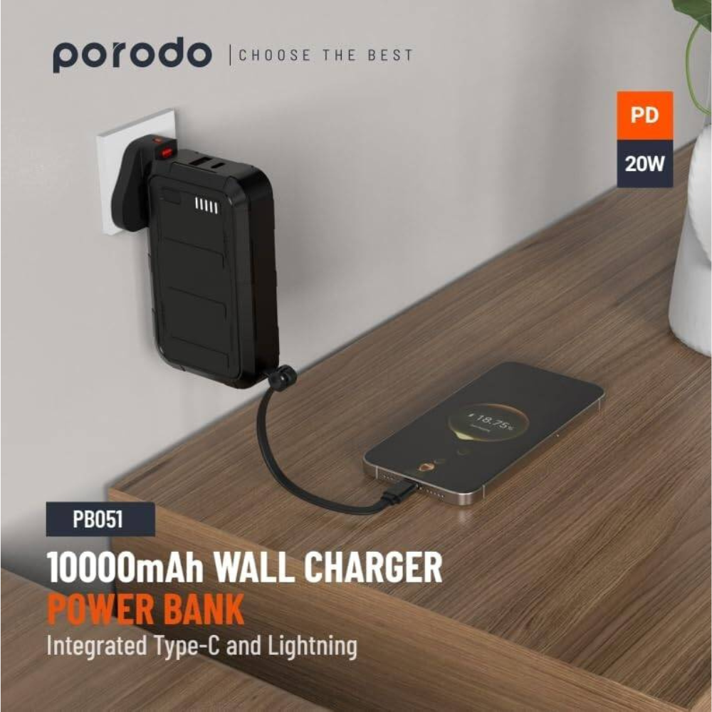 Porodo PB051 10000 MaH WALL Charger Power Bank 20W PD - Image 4