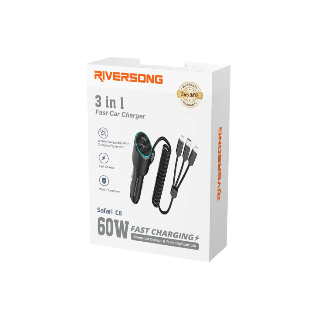 RIVERSONG SAFARI C8 4 IN 1 60W FAST CAR CHARGER WITH CABLES - Image 3