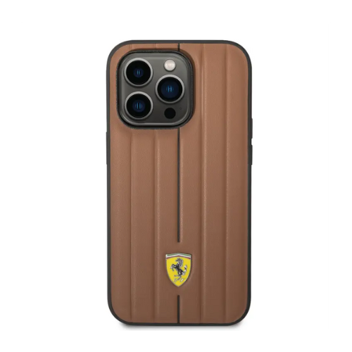 Ferrari Leather Case with Embossed Stripes & Yellow Shield Logo iPhone 14 Pro Max Compatibility - Camel - Image 3