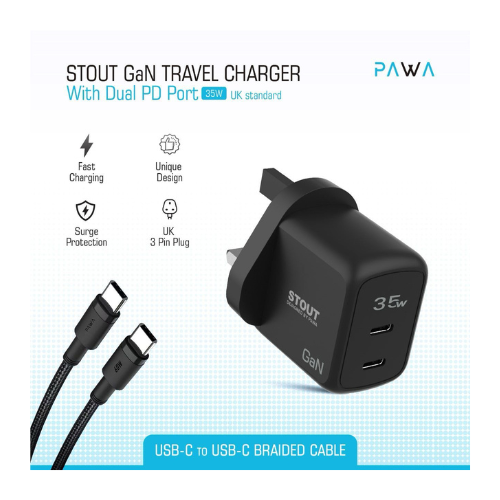Pawa Stout Gan Travel Charger With Dual PD Port 35w Type C to C Black