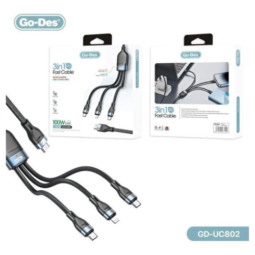 GO-DES 3IN1 PD 100W Fast Cable For Laptop USB TO Dual USB-C - Image 3