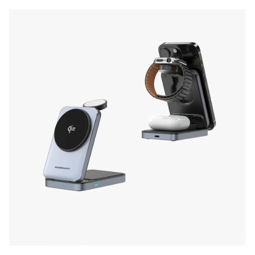 Powerology 3-in-1 Foldable Wireless Magnetic Qi2 Fast Charging Hub - Black - Image 2